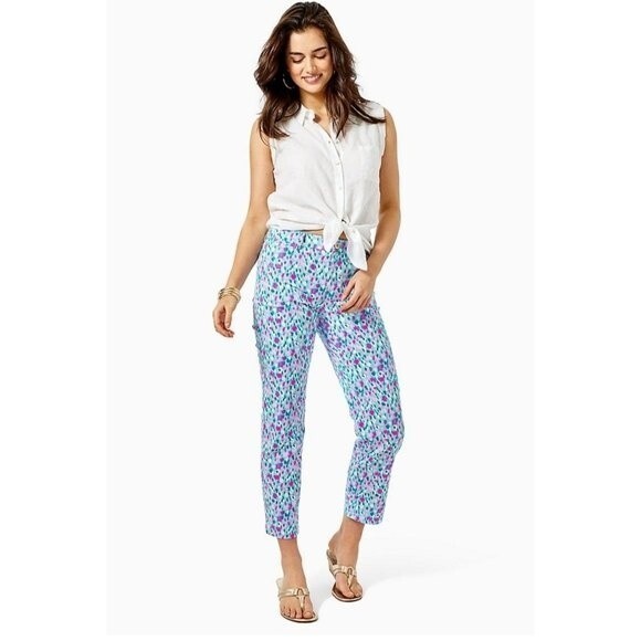 Lilly Pulitzer Divia Blue Pink Dottie Stretch Ankle Pant - Picture 1 of 14